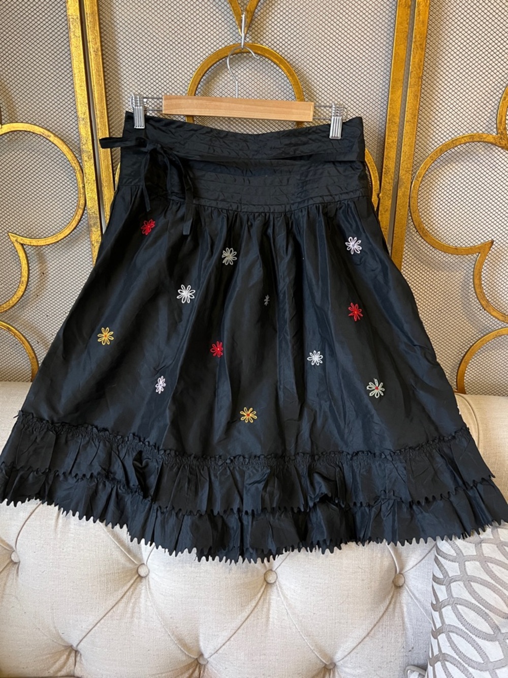 DKNYC Black A-Line Skirt with Multicolor Embroidered Flowers